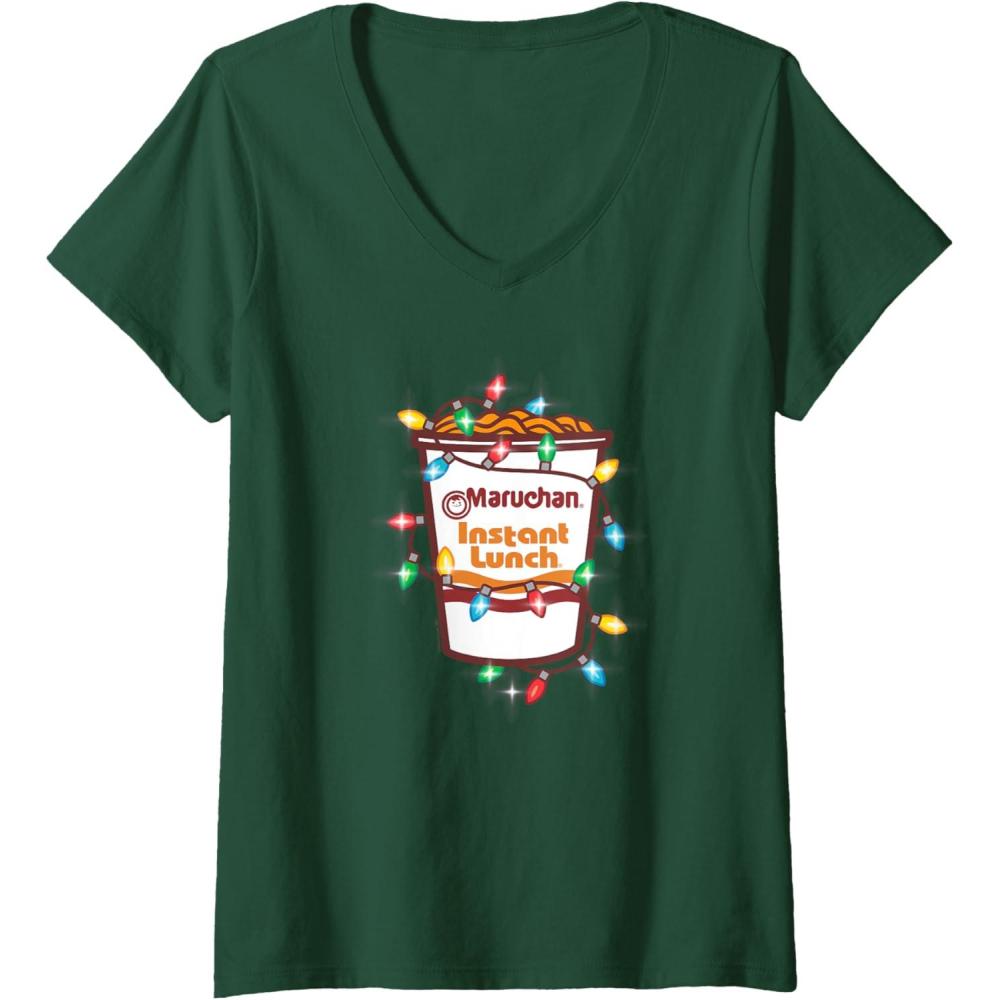 image:imageMaruchan Christmas Lights Holiday Season Reman Cup Logo VNeck TShirtDark Green