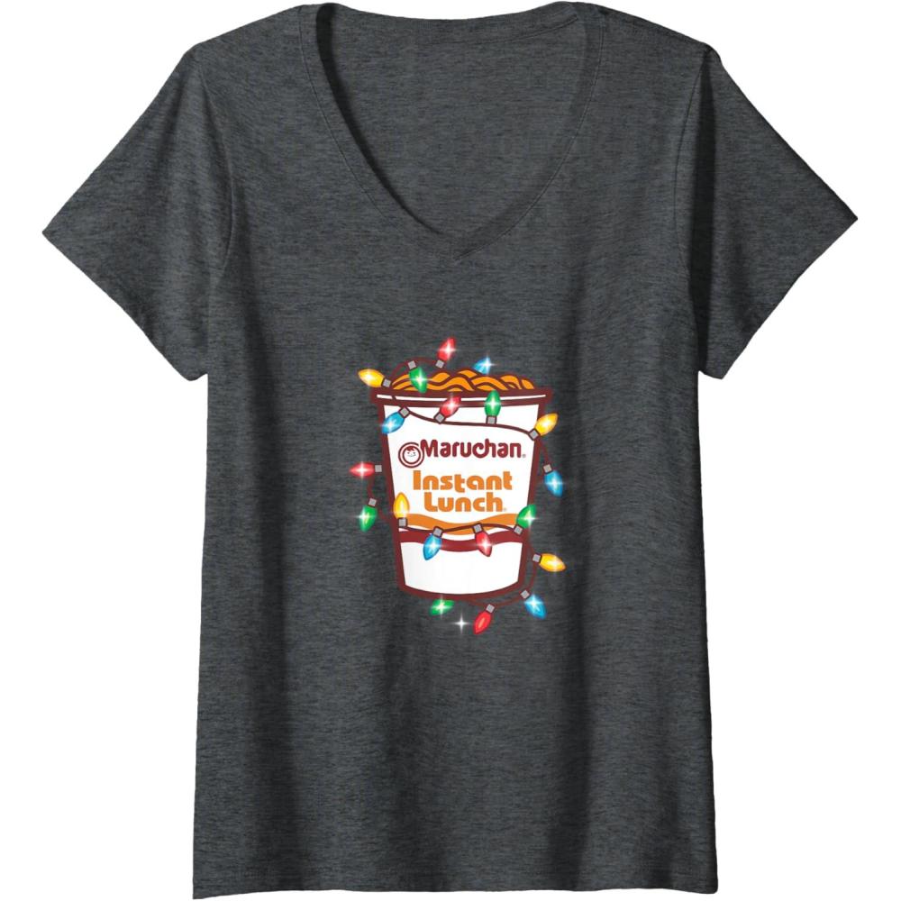 image:imageMaruchan Christmas Lights Holiday Season Reman Cup Logo VNeck TShirtDark Heather Grey