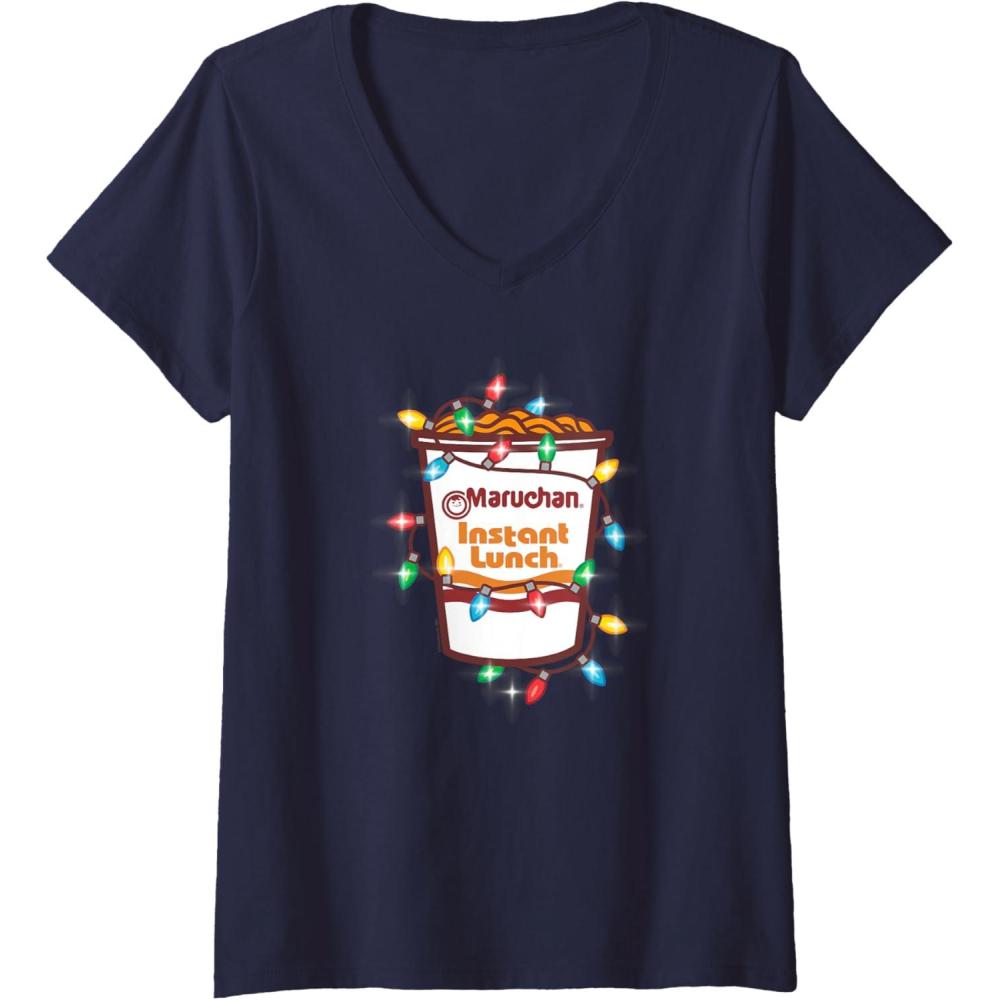 image:imageMaruchan Christmas Lights Holiday Season Reman Cup Logo VNeck TShirtNavy Blue