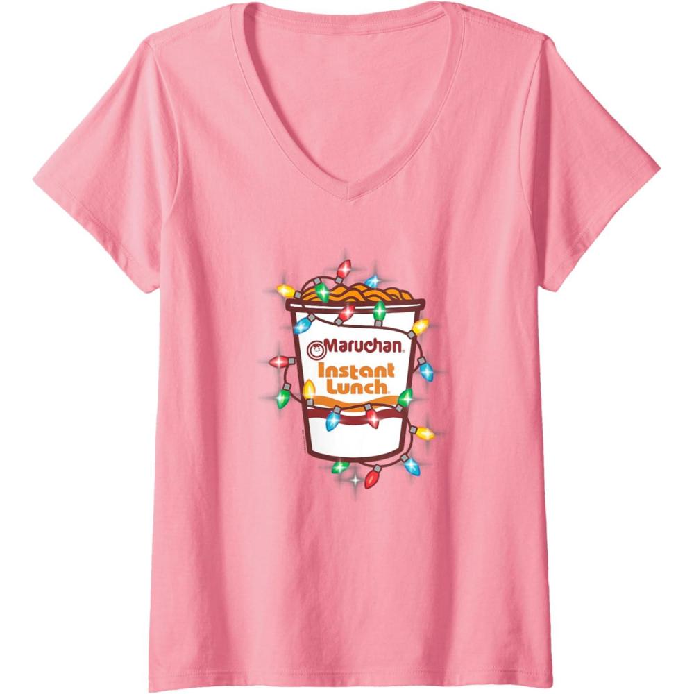 image:imageMaruchan Christmas Lights Holiday Season Reman Cup Logo VNeck TShirtPink