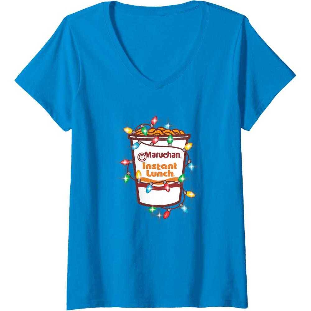 image:imageMaruchan Christmas Lights Holiday Season Reman Cup Logo VNeck TShirtSapphire Blue
