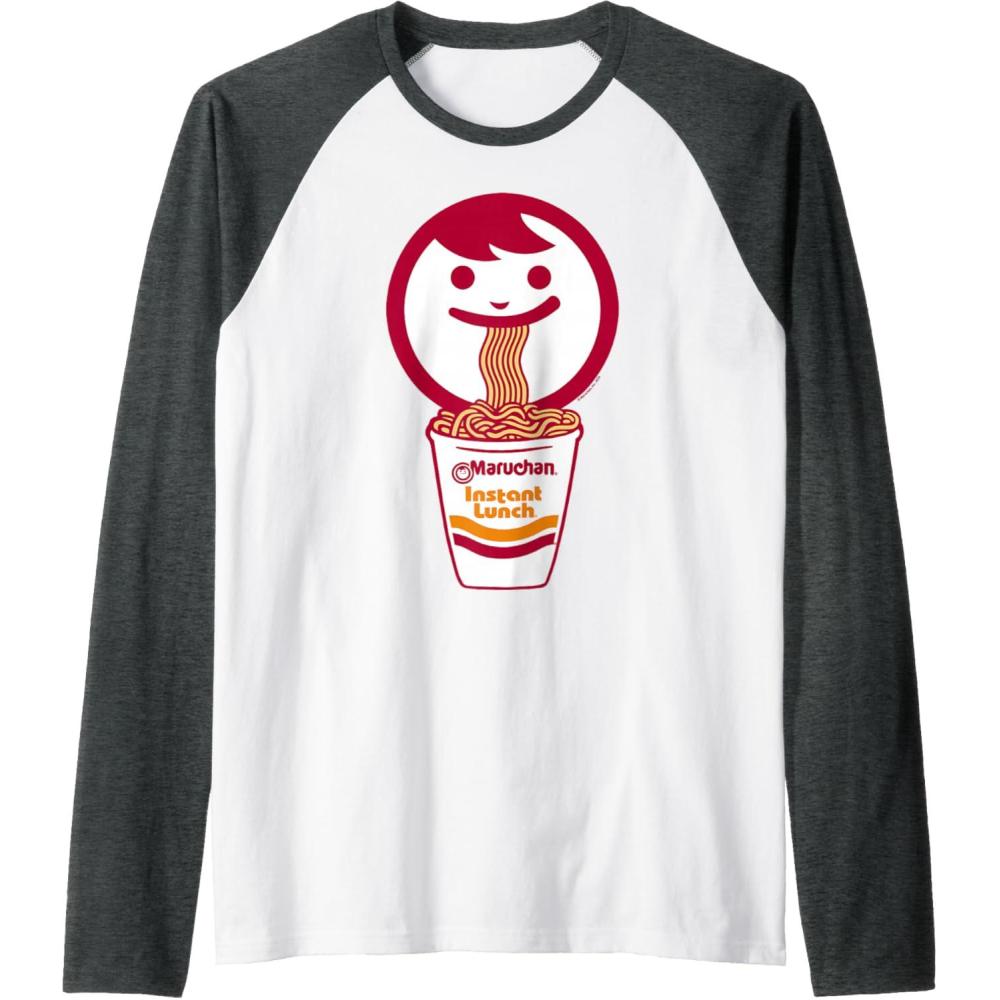 image:imageMaruchan Happy Face Eating Ramen Noodles Raglan Baseball TeeDark Heather GreyWhite