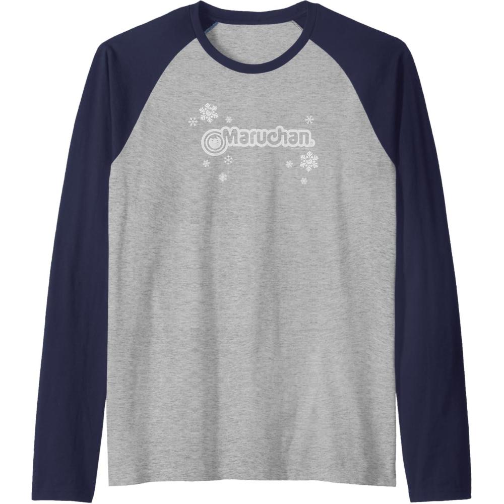 image:imageMaruchan Instant Lunch Christmas Snow Flakes Holiday Logo Raglan Baseball TeeNavy BlueAthletic Heather