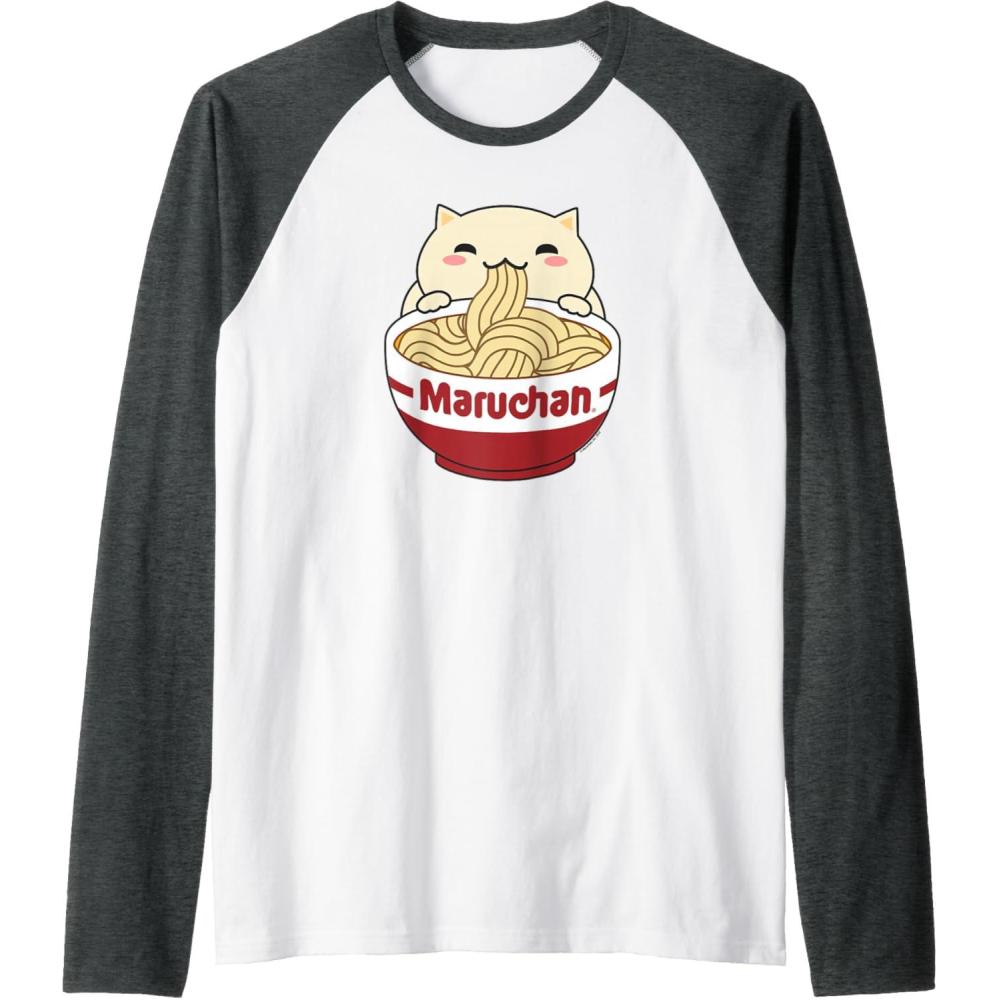 image:imageMaruchan Instant Lunch Cute Cat Ramen Bowl Logo Raglan Baseball TeeDark Heather GreyWhite