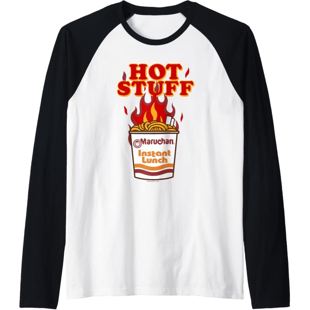 image:imageMaruchan Instant Lunch Hot Stuff Flaming Noodles Retro Shot Raglan Baseball TeeBlackWhite