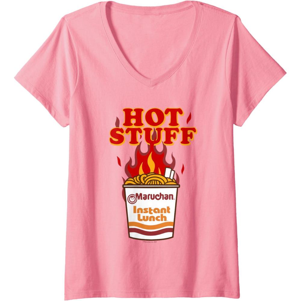 image:imageMaruchan Instant Lunch Hot Stuff Flaming Noodles Retro Shot VNeck TShirtPink