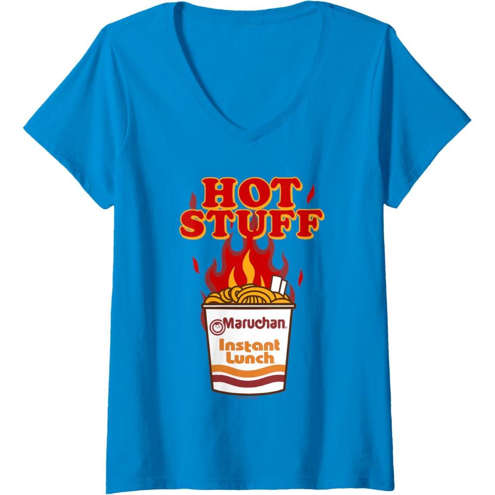 image:imageMaruchan Instant Lunch Hot Stuff Flaming Noodles Retro Shot VNeck TShirtSapphire Blue