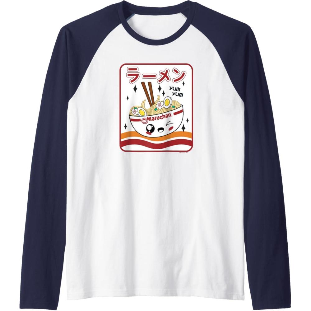 image:imageMaruchan Instant Lunch Kawaii Katakana Ramen Bowl Portrait Raglan Baseball TeeNavy BlueWhite