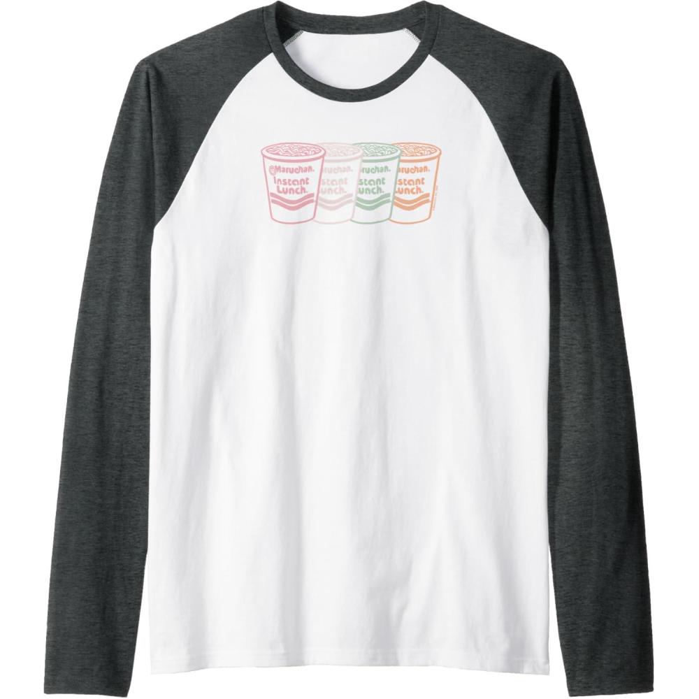 image:imageMaruchan Instant Lunch Multi Cups Colorful Line Art Raglan Baseball TeeDark Heather GreyWhite