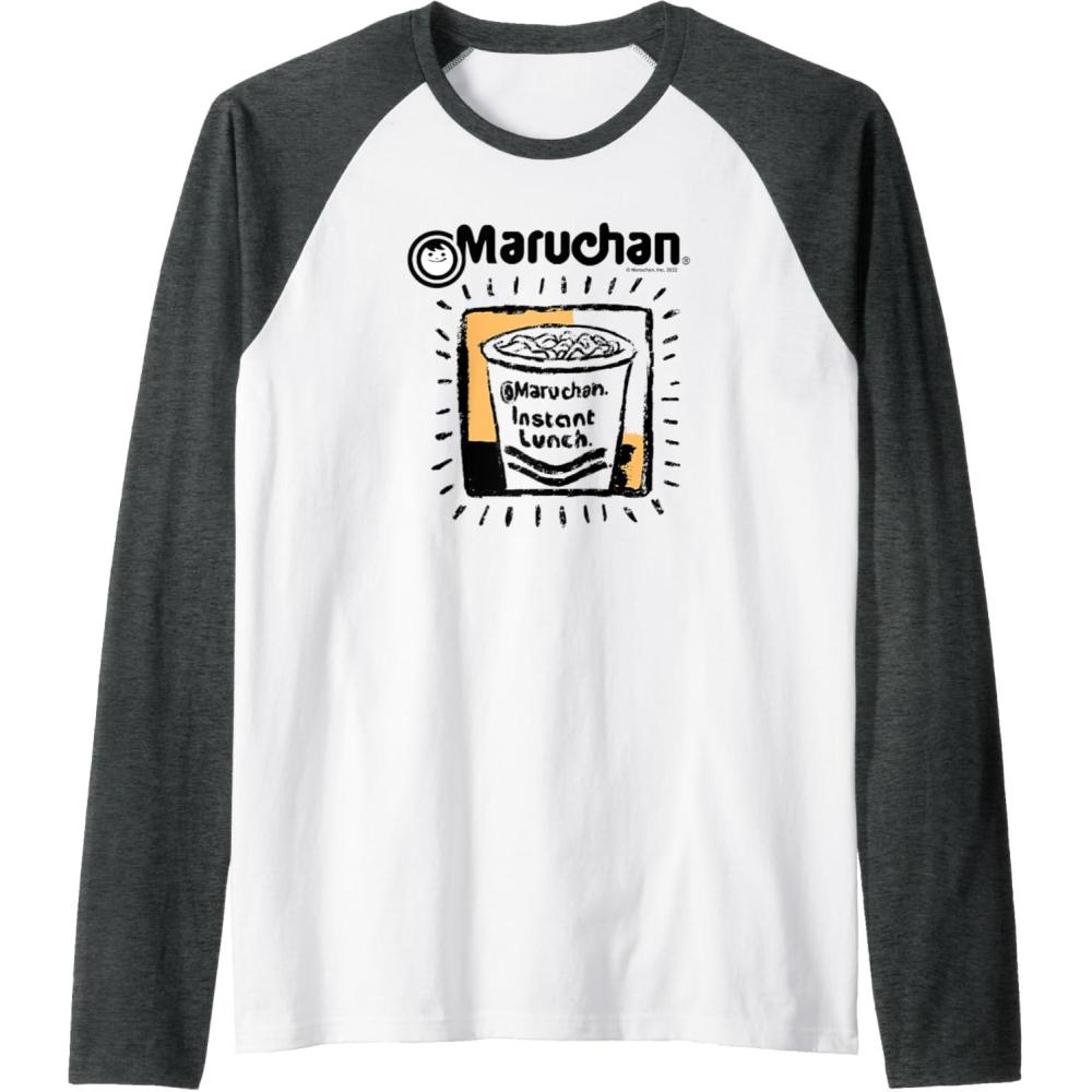 image:imageMaruchan Instant Lunch Ramen Cup Crayon Drawing Logo Raglan Baseball TeeDark Heather GreyWhite