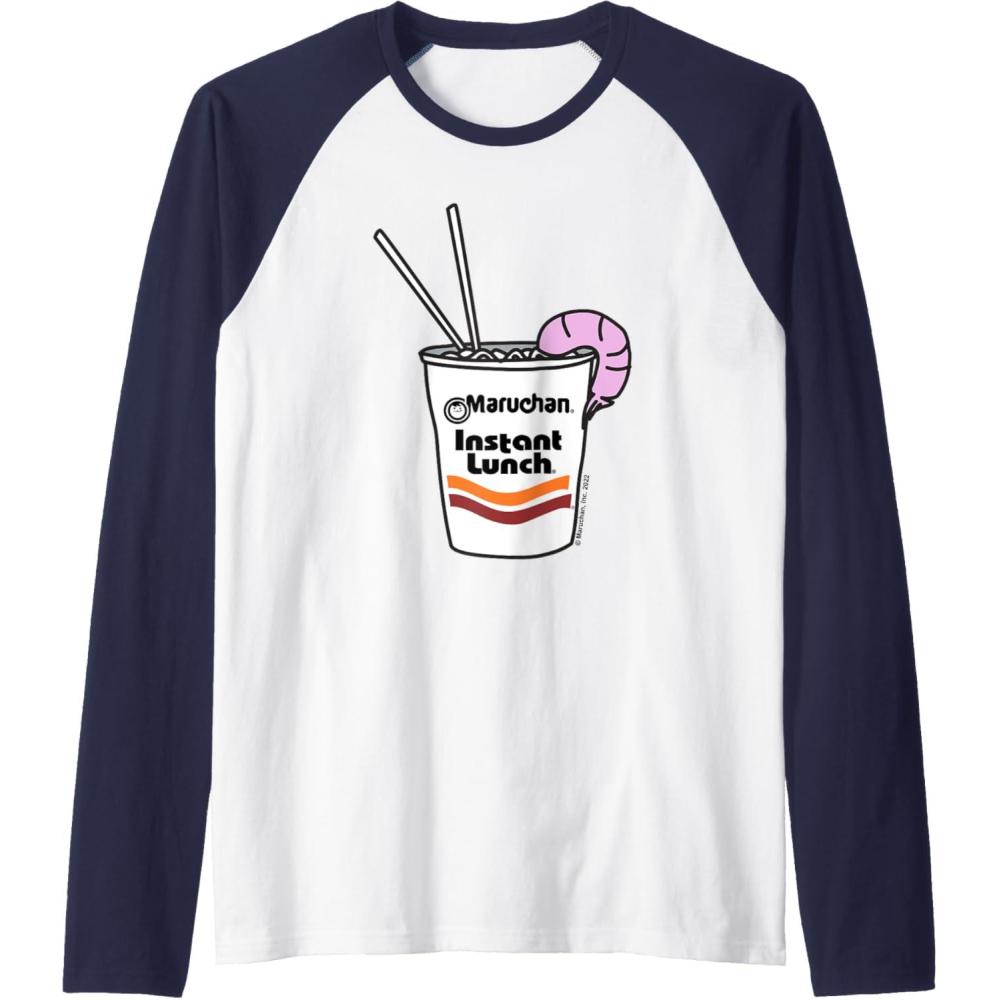 image:imageMaruchan Instant Lunch Ramen Cup Drawing Shrimp Logo Raglan Baseball TeeNavy BlueWhite