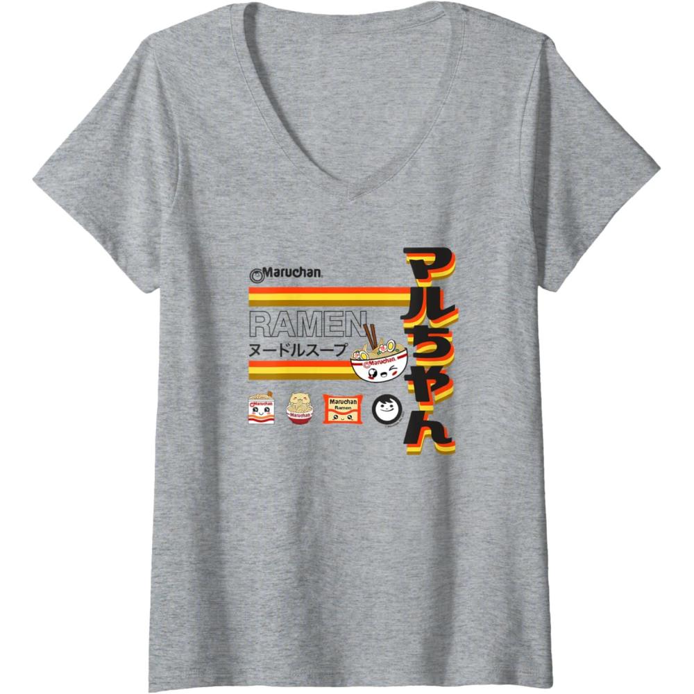 image:imageMaruchan Ramen Cute Anime Faces Poster VNeck TShirtHeather Grey