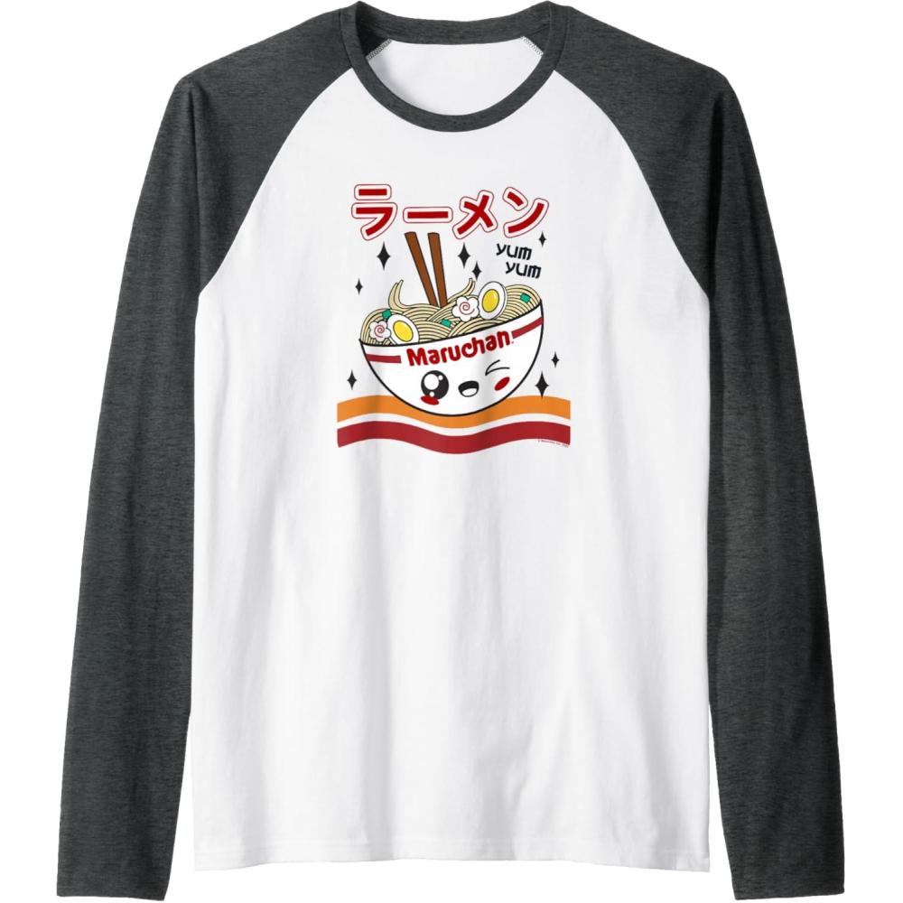 image:imageMaruchan Yum Yum Winking Noodle Bowl Poster Raglan Baseball TeeDark Heather GreyWhite