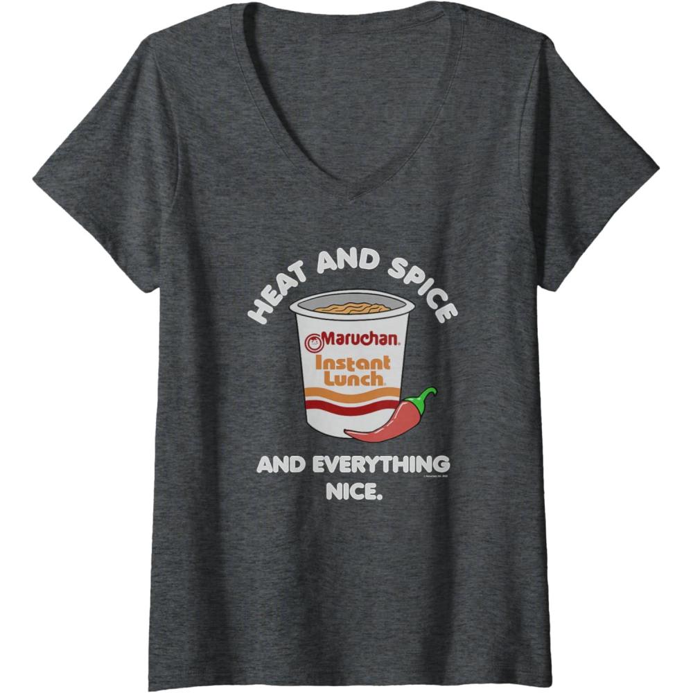 image:imageWomens Maruchan Heat And Spice And Everything Nice Logo VNeck TShirtDark Heather Grey