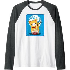 image:imageMaruchan Cat Eating Ramen Noodles Raglan Baseball TeeDark Heather GreyWhite