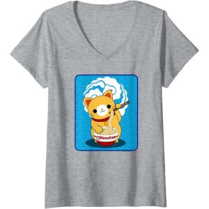 image:imageMaruchan Cat Eating Ramen Noodles VNeck TShirtHeather Grey