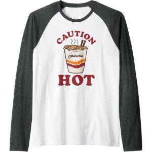 image:imageMaruchan Caution Hot Steaming Noodle Cup Raglan Baseball TeeDark Heather GreyWhite