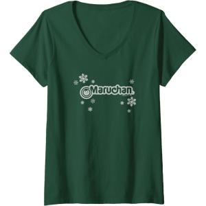 image:imageMaruchan Instant Lunch Christmas Snow Flakes Holiday Logo VNeck TShirtDark Green