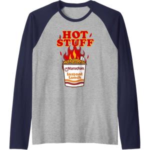 image:imageMaruchan Instant Lunch Hot Stuff Flaming Noodles Retro Shot Raglan Baseball TeeNavy BlueAthletic Heather