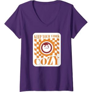 image:imageMaruchan Keep Your Vibes Cozy Checker Smiley Face Logo VNeck TShirtPurple