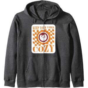 image:imageMaruchan Keep Your Vibes Cozy Checker Smiley Face Logo Zip HoodieDark Heather Grey