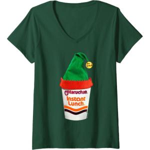 image:imageMaruchan Ramen Cup Christmas Elf Hat VNeck TShirtDark Green