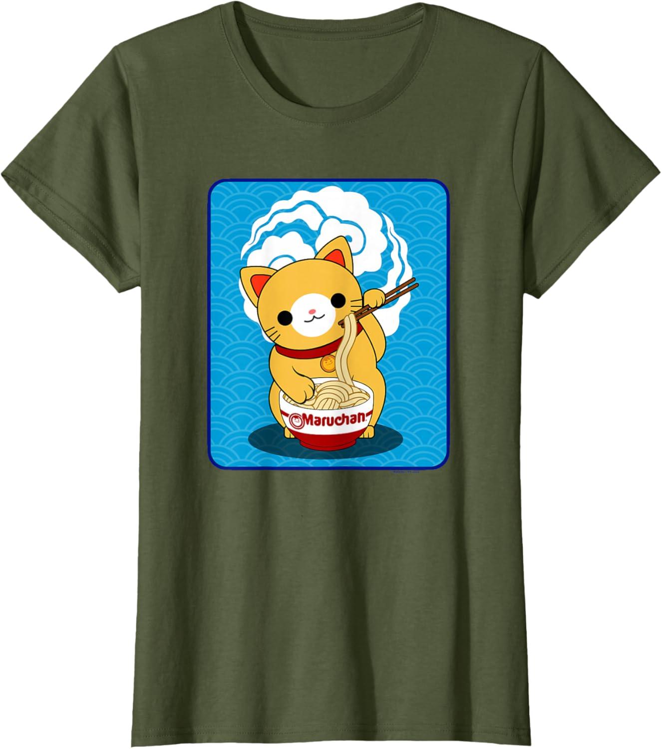 image:imageMaruchan Cat Eating Ramen Noodles TShirtOlive Green