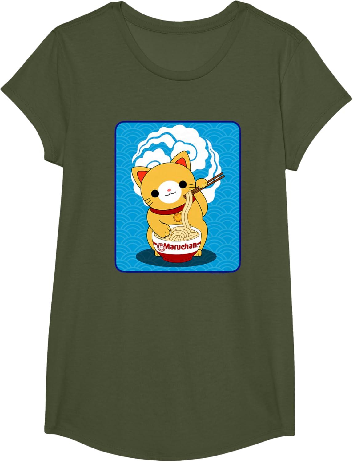 image:imageMaruchan Cat Eating Ramen Noodles TShirtOlive Green