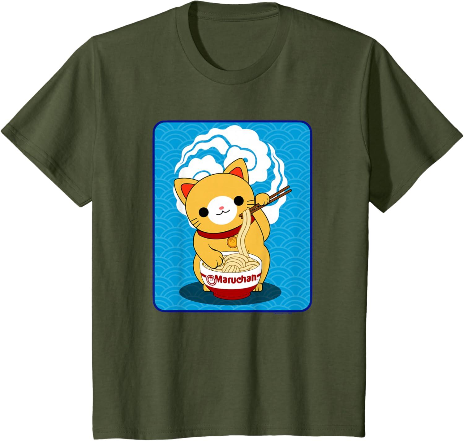 image:imageMaruchan Cat Eating Ramen Noodles TShirtOlive Green