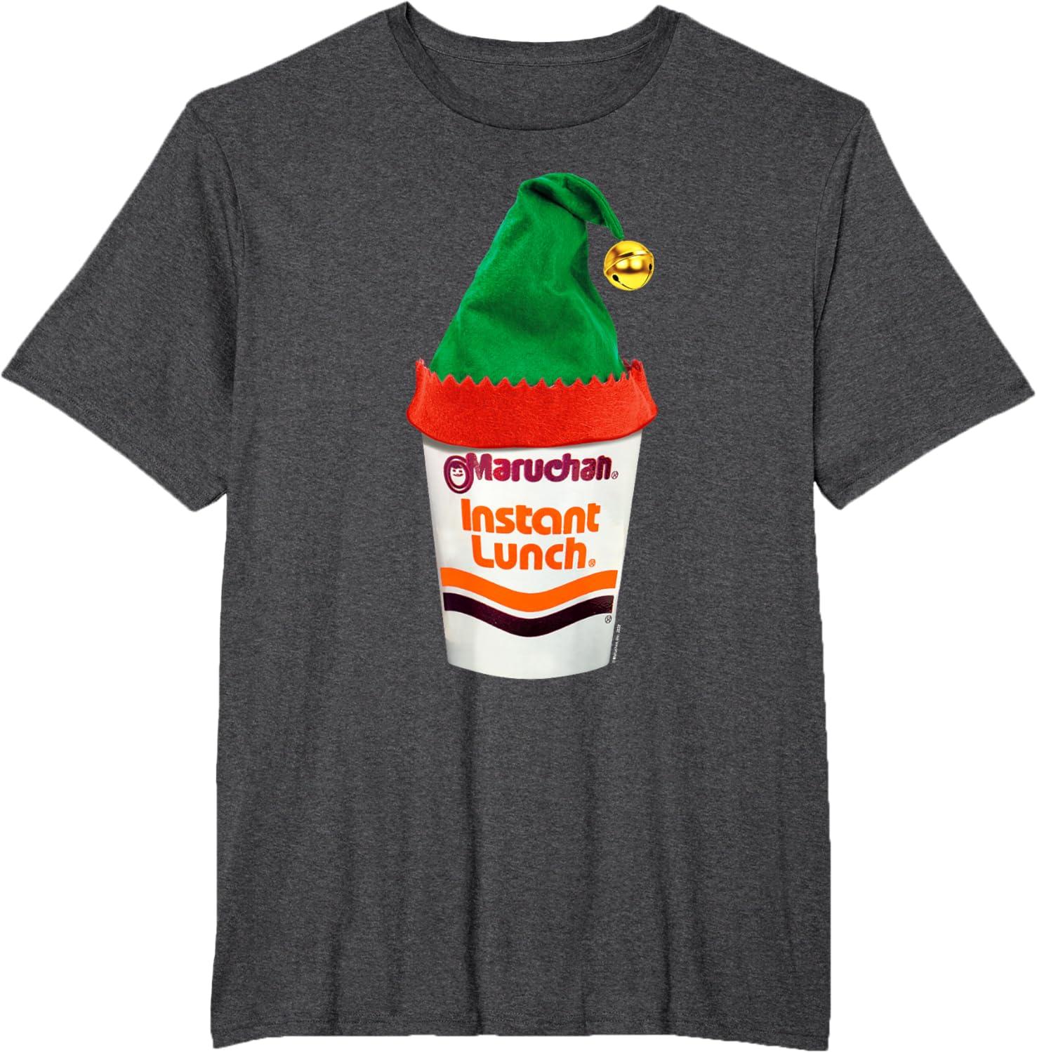 image:imageMaruchan Ramen Cup Christmas Elf Hat TShirtDark Heather Grey