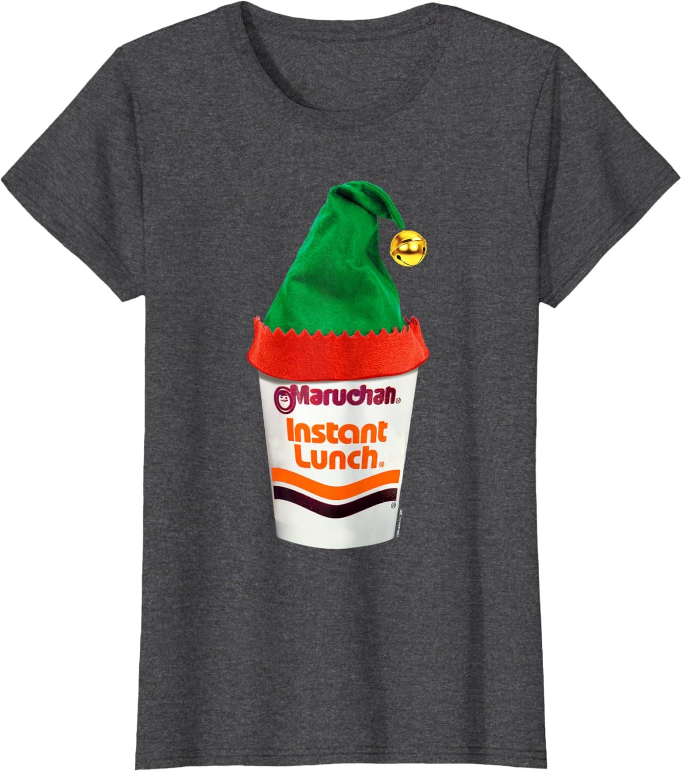 image:imageMaruchan Ramen Cup Christmas Elf Hat TShirtDark Heather Grey