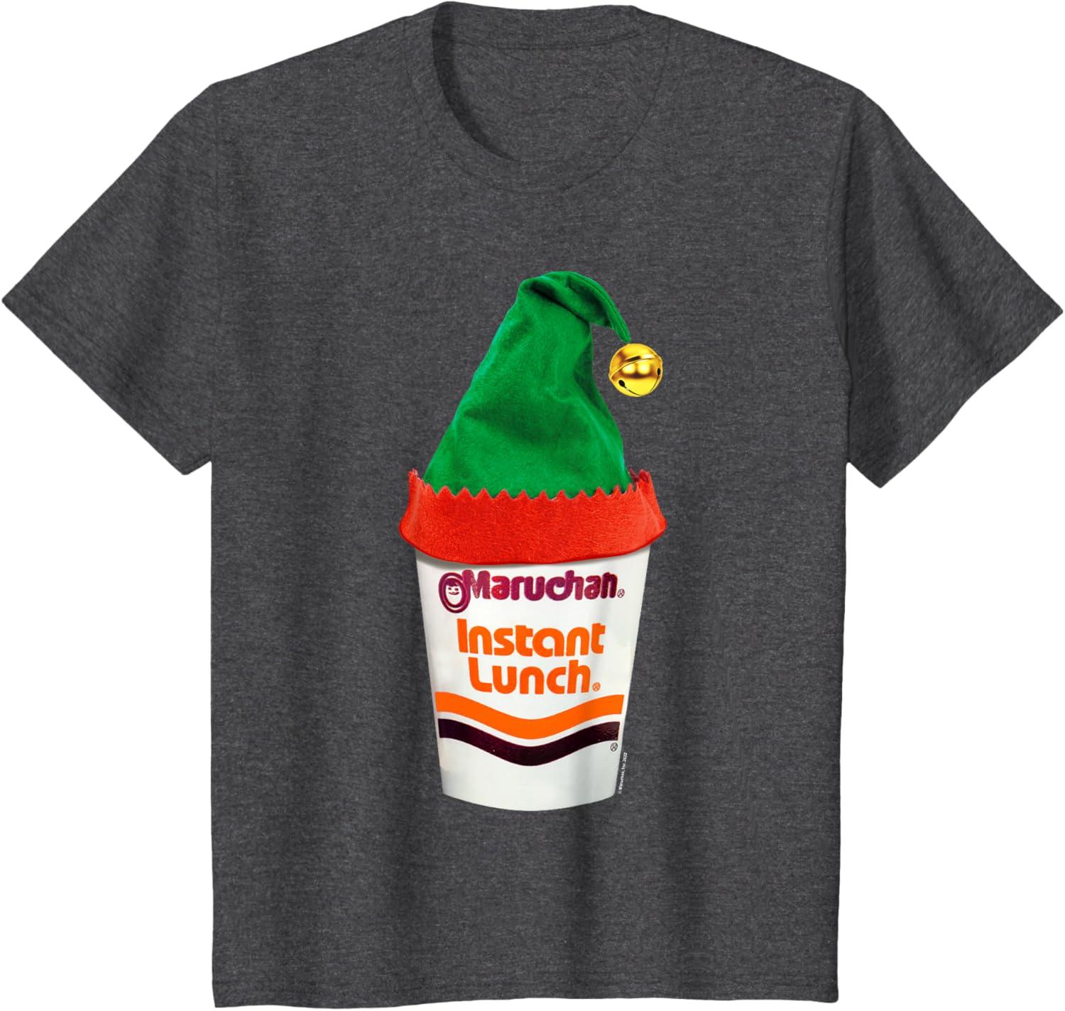 image:imageMaruchan Ramen Cup Christmas Elf Hat TShirtDark Heather Grey