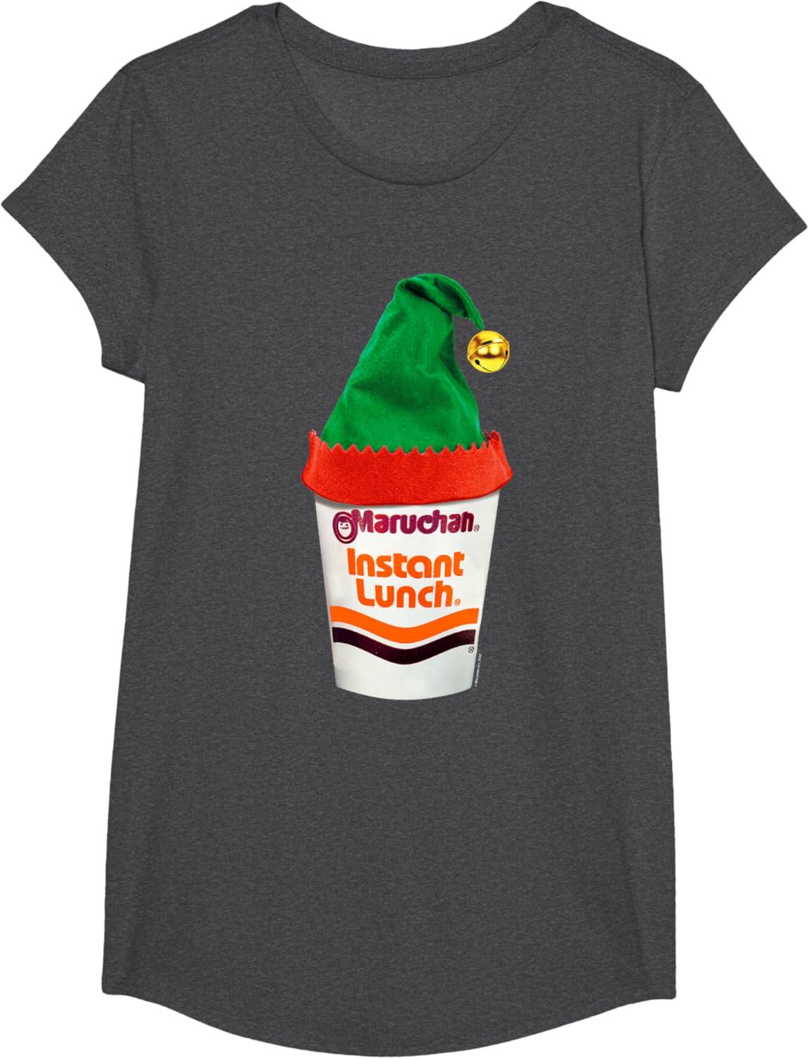 image:imageMaruchan Ramen Cup Christmas Elf Hat TShirtDark Heather Grey