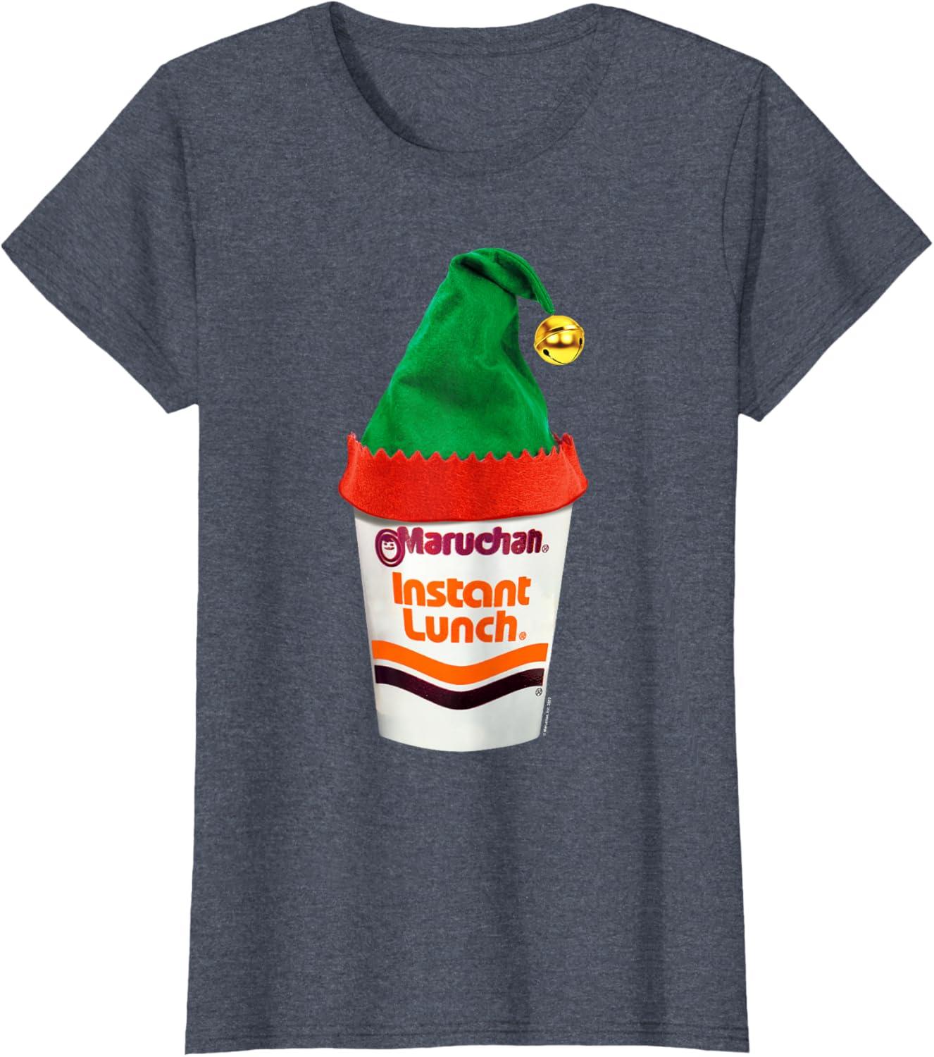 image:imageMaruchan Ramen Cup Christmas Elf Hat TShirtHeather Blue