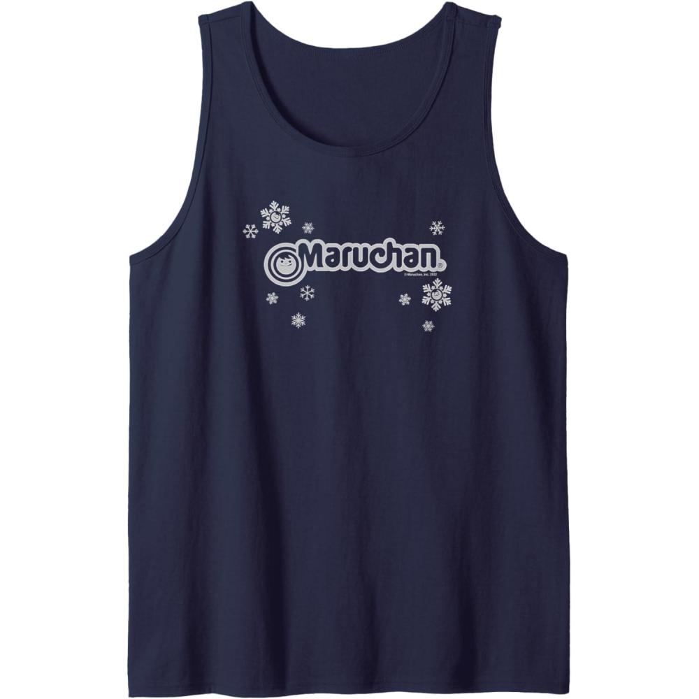 image:imageMaruchan Instant Lunch Christmas Snow Flakes Holiday Logo Tank TopNavy Blue