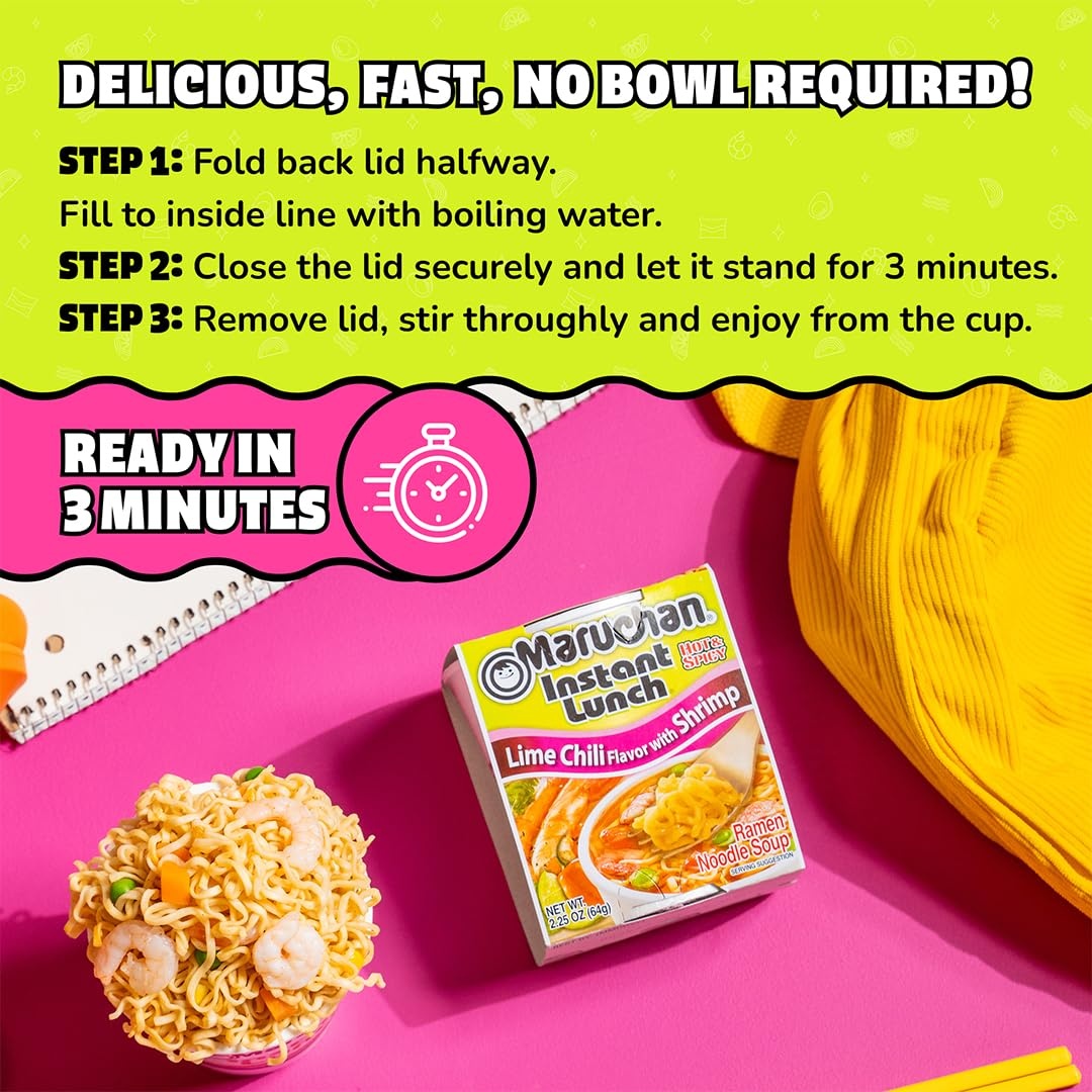 image:imageMaruchan Instant Lunch Ramen Noodles Flamin Hot Chicken Flavor JapaneseStyle Instant Noodle Soup Easy Meal Ready in 3 Minutes 225 Oz 12 PackLime Chili Shrimp